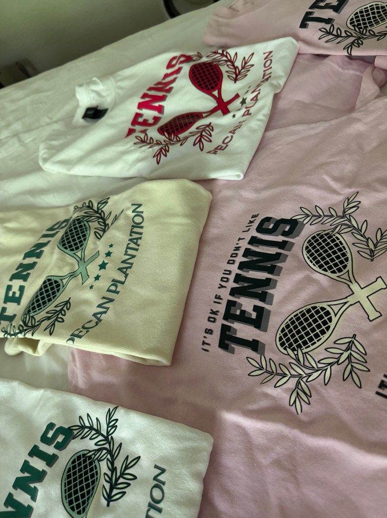Light yellow & light pink Tennis shirs.
Available in Small, Medium, Large & XL.